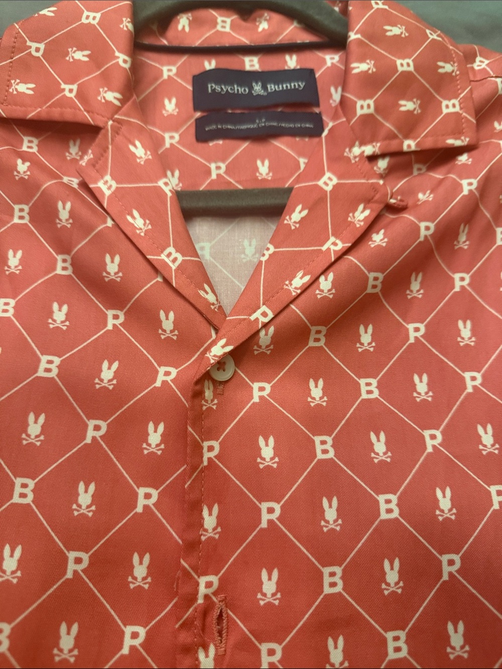 Psycho Bunny Coral Short-Sleeve Button-Front Shirt with Monogram Print